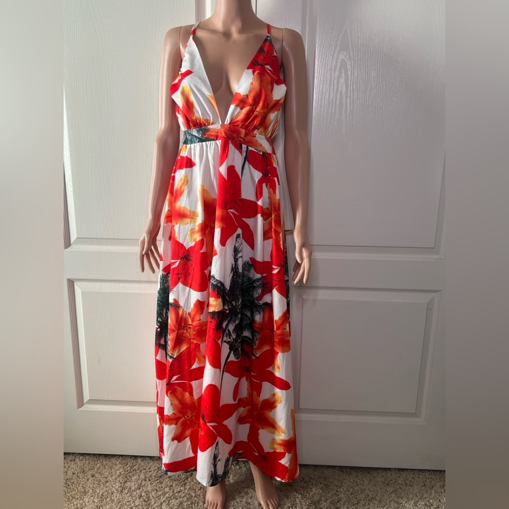 NWOT:CBR Red and White Floral Maxi Dress